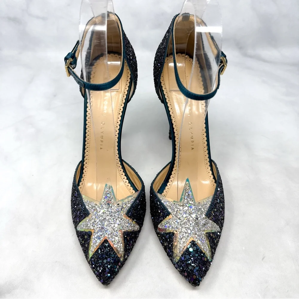 Charlotte Olympia Twilight Princess Glitter Star Ankle Strap Pointed Toe Heels - Picture 4 of 16